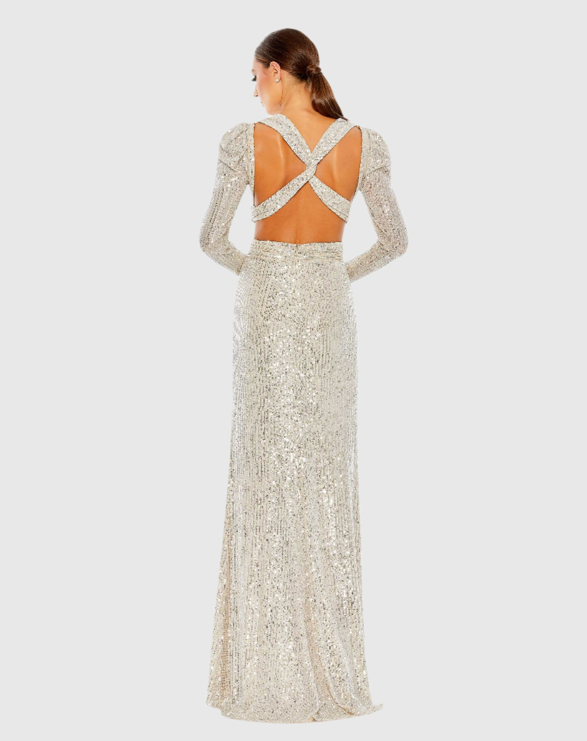 Sequined Criss Cross Long Sleeve Gown - Nude