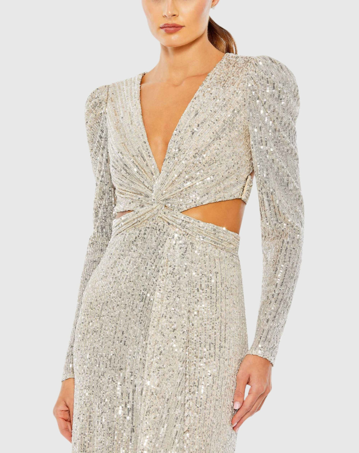 Sequined Criss Cross Long Sleeve Gown - Nude