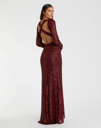 Sequined Criss Cross Long Sleeve Gown - Wine