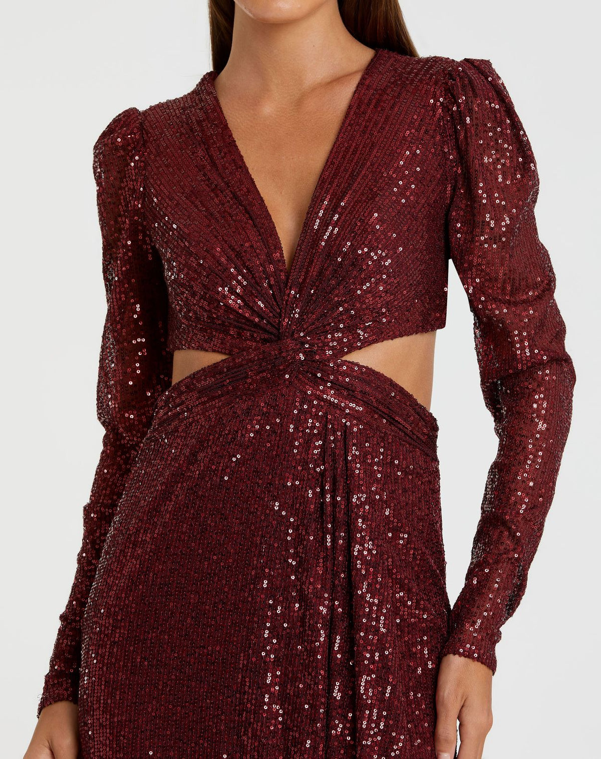 Sequined Criss Cross Long Sleeve Gown - Wine