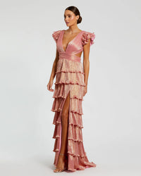Ruffle tiered criss cross lace up gown - Coral