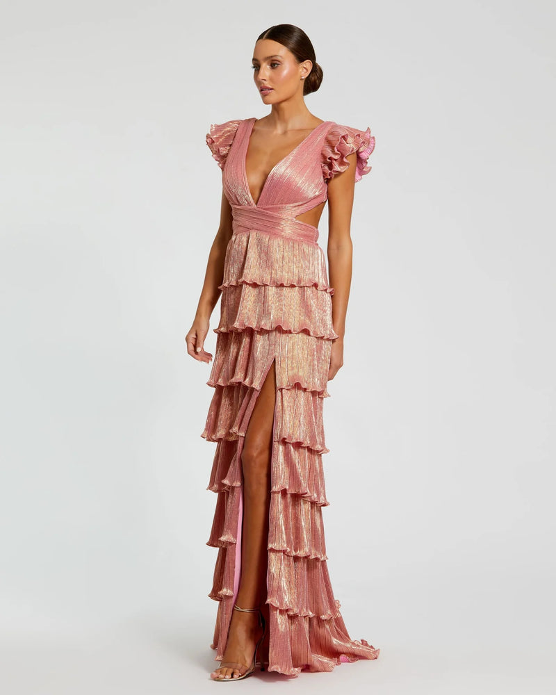 Ruffle tiered criss cross lace up gown - Coral