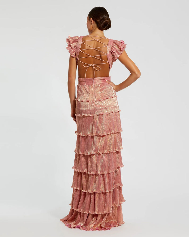 Ruffle tiered criss cross lace up gown - Coral