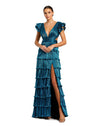 mac duggal, RUFFLE TIERED CRISS CROSS LACE UP GOWN, blue