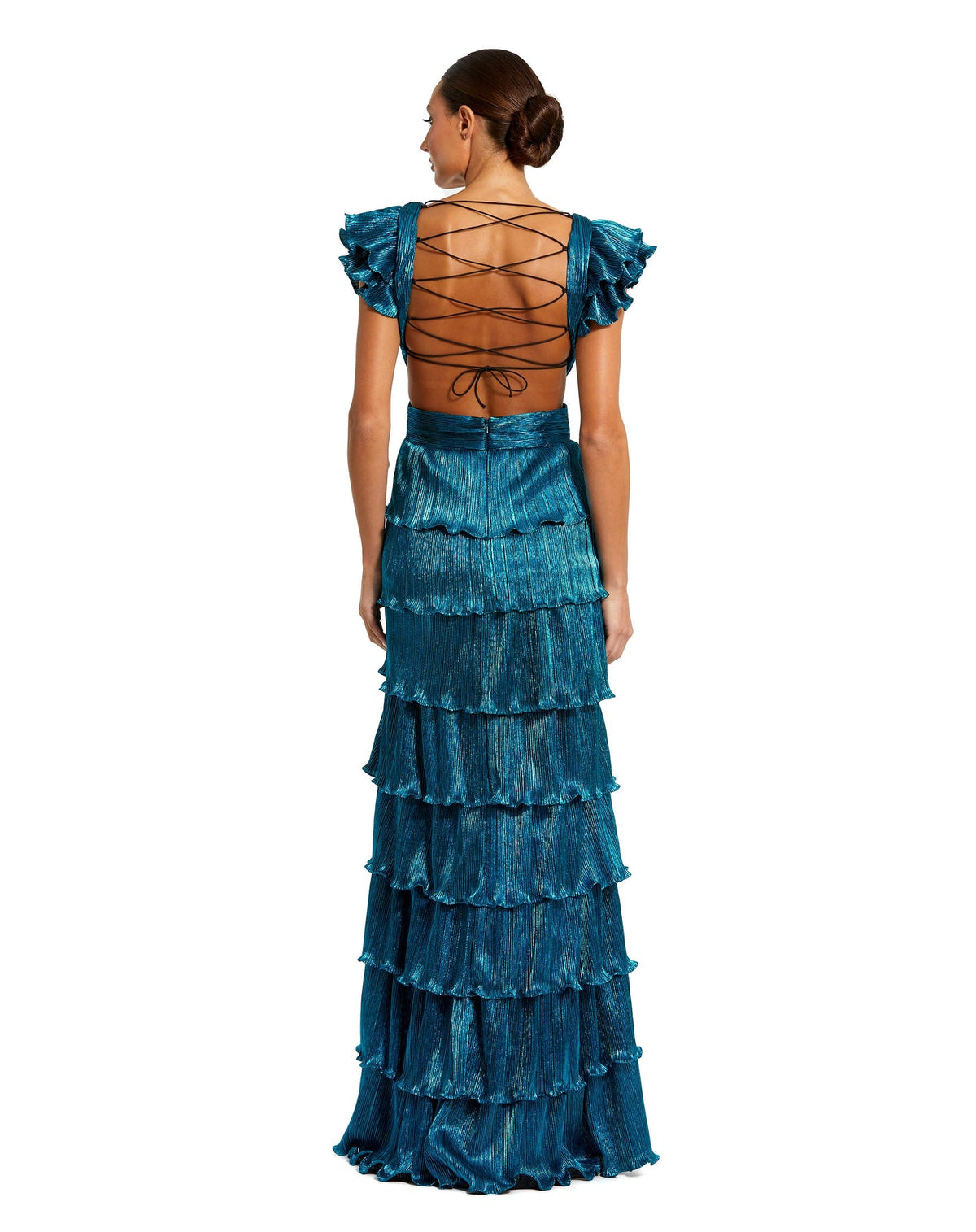 mac duggal, RUFFLE TIERED CRISS CROSS LACE UP GOWN, blue back