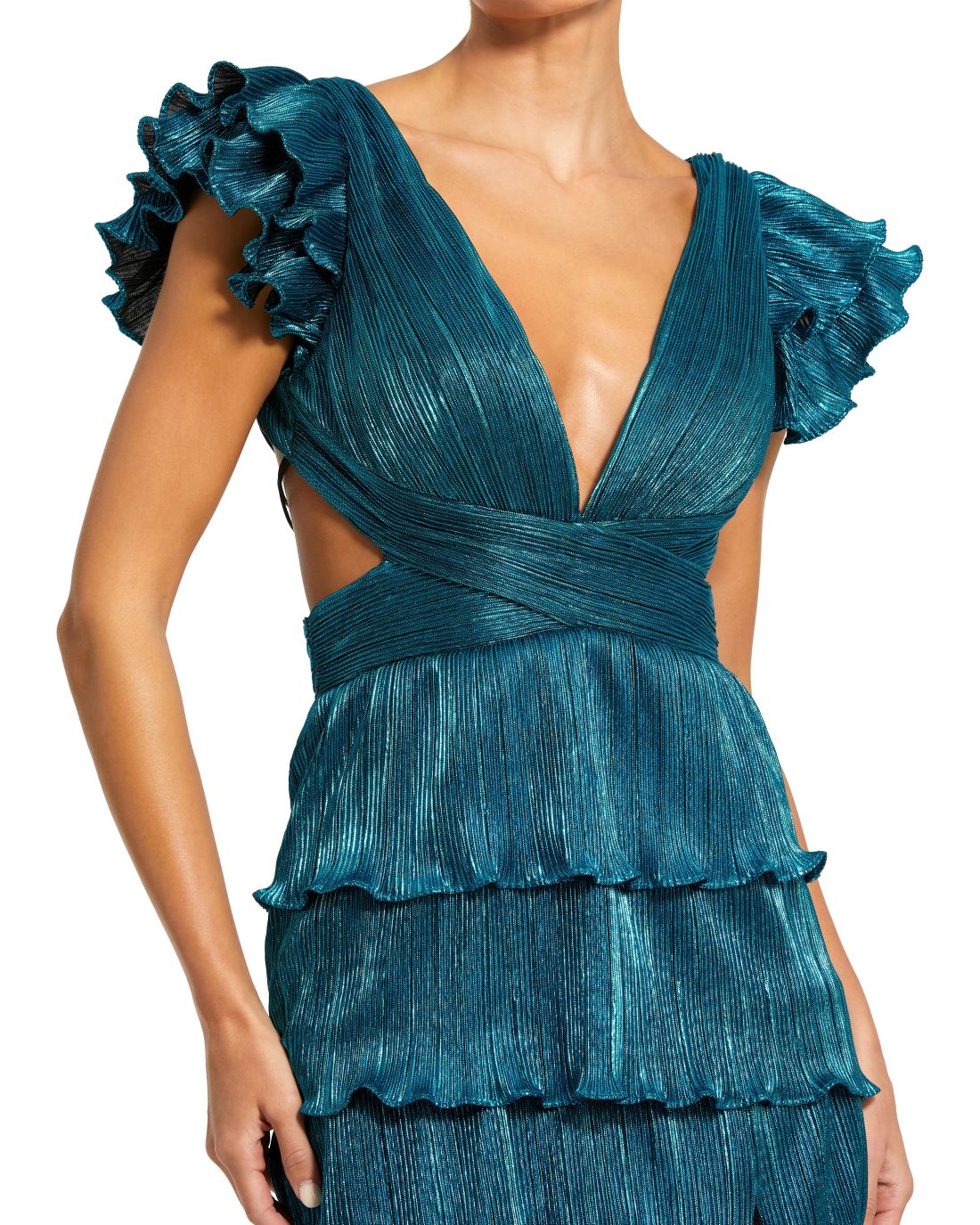 mac duggal, RUFFLE TIERED CRISS CROSS LACE UP GOWN, blue close up