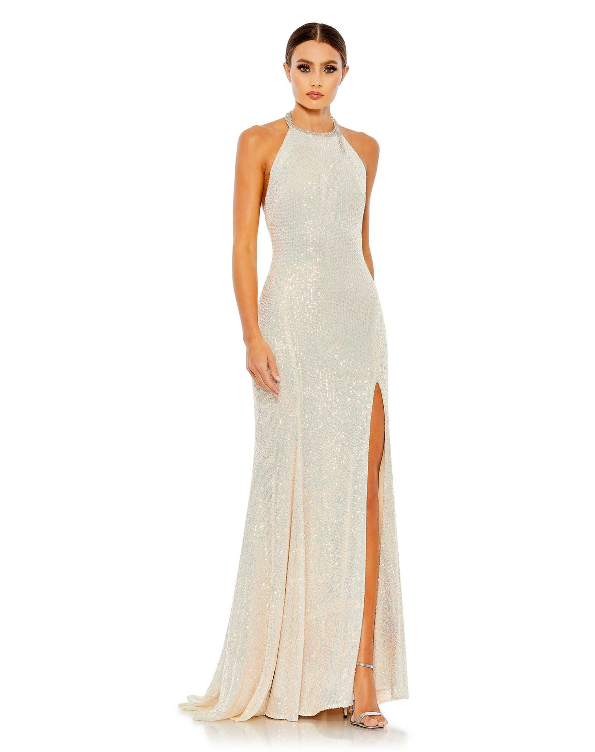 Mac Duggal Style #26943 Sequin high-neck rhinestone trim column gown - white