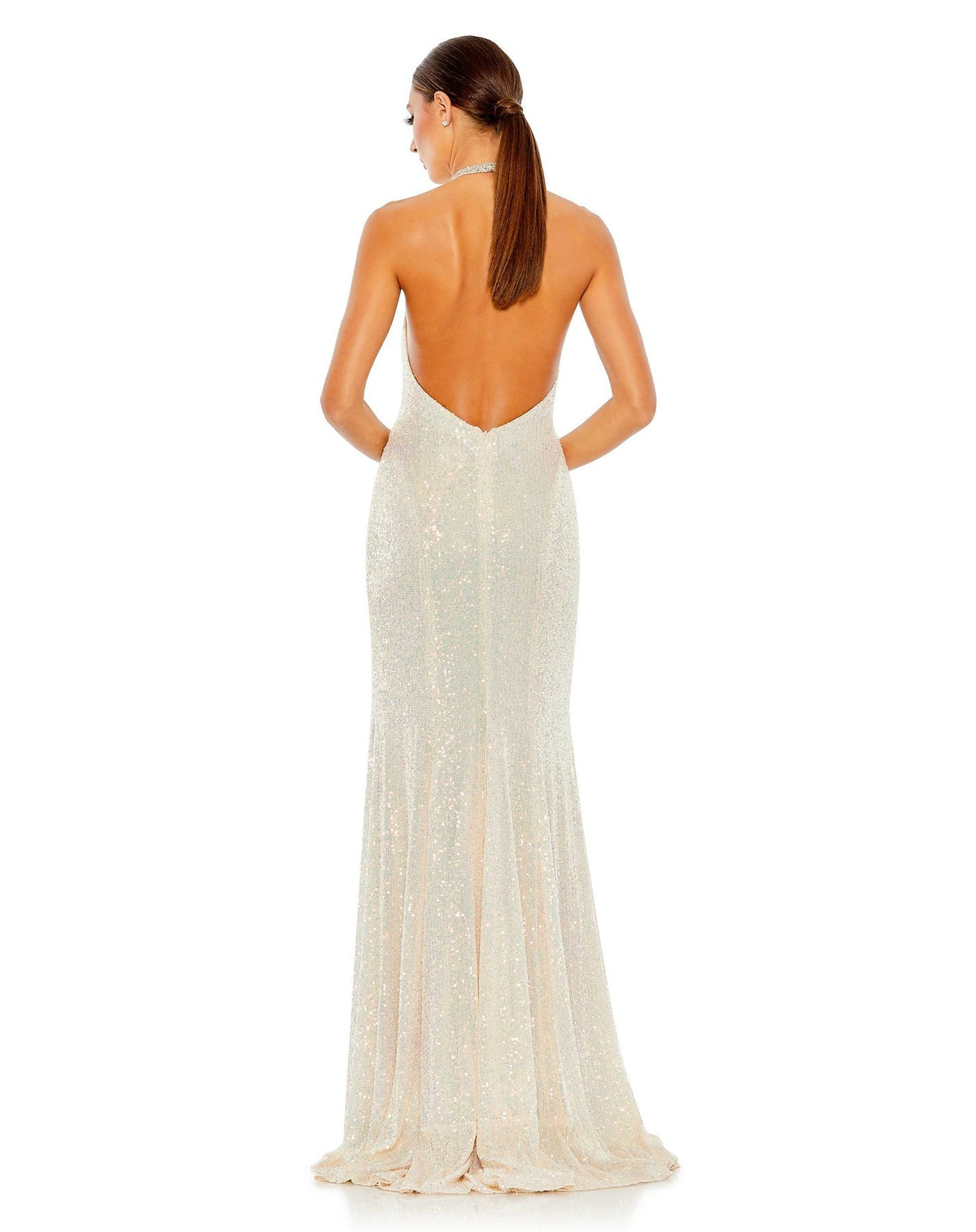 Mac Duggal Style #26943 Sequin high-neck rhinestone trim column gown - white back view
