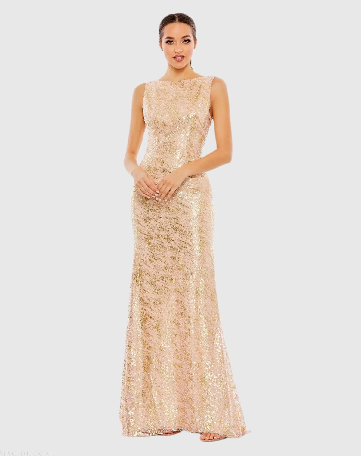 Mac Duggal 26981 Blush metallic sequin boat neck gown with cowl back - Front