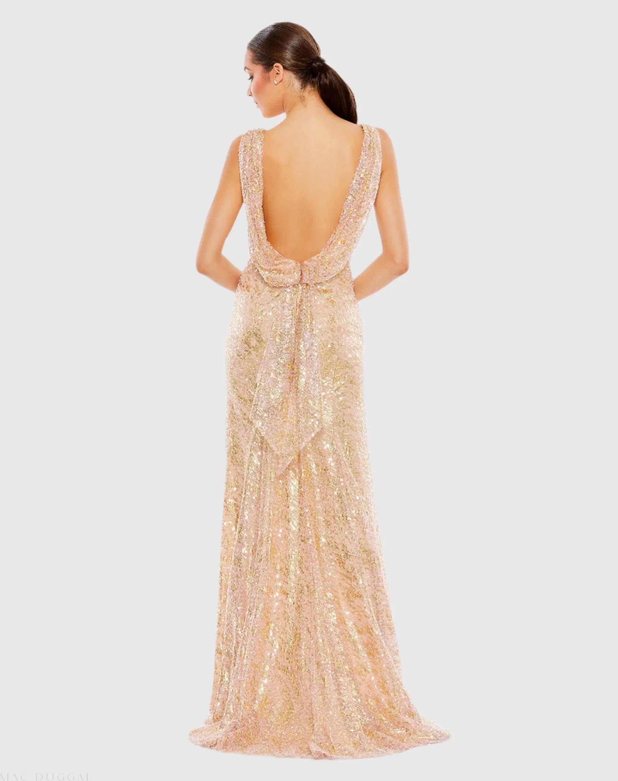 Mac Duggal 26981 Blush metallic sequin boat neck gown with cowl back - Back view