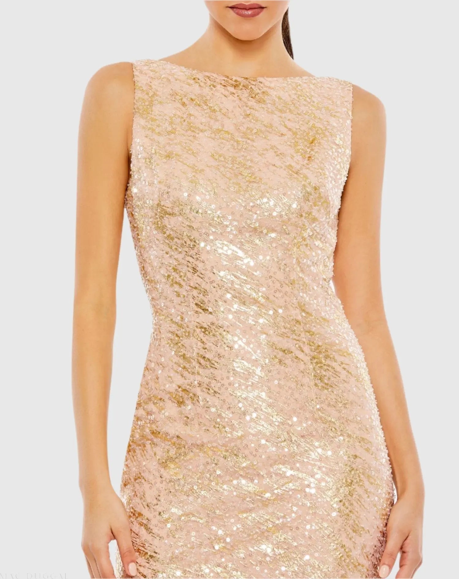 Mac Duggal 26981 Blush metallic sequin boat neck gown with cowl back - Close up detail