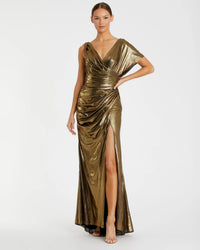 Mac Duggal 26986 Antique Gold asymmetrical draped metallic trumpet gown - front