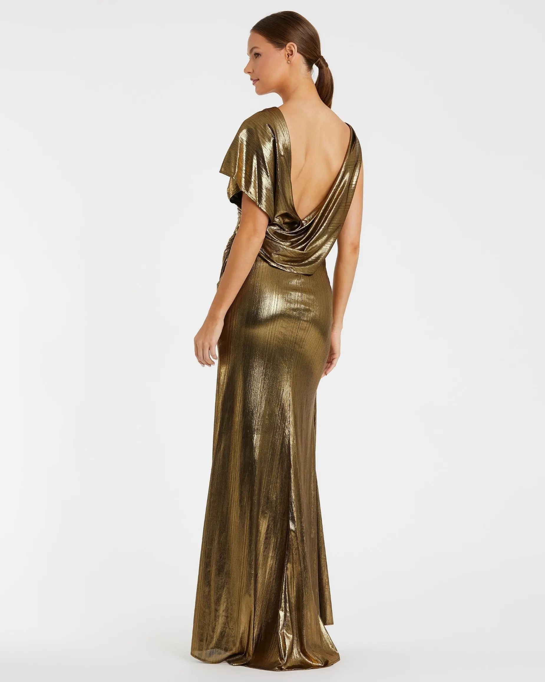 Mac Duggal 26986 Antique Gold asymmetrical draped metallic trumpet gown - back