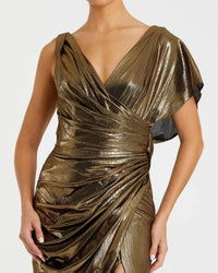 Mac Duggal 26986 Antique Gold asymmetrical draped metallic trumpet gown - detail