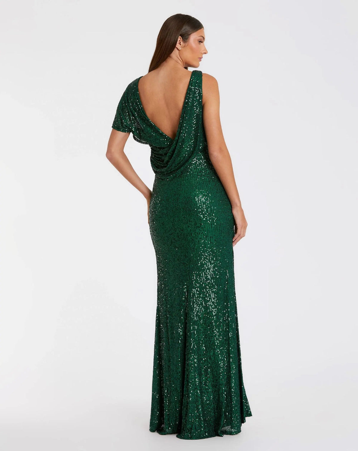 Mac Duggal #26988 emerald sequin asymmetric draped trumpet gown