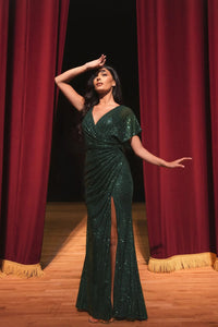 Mac Duggal #26988 emerald sequin asymmetric draped trumpet gown