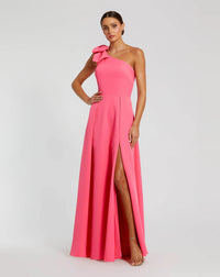 Mac Duggal 26989 Candy Pink bow one shoulder sleeveless A line gown - front