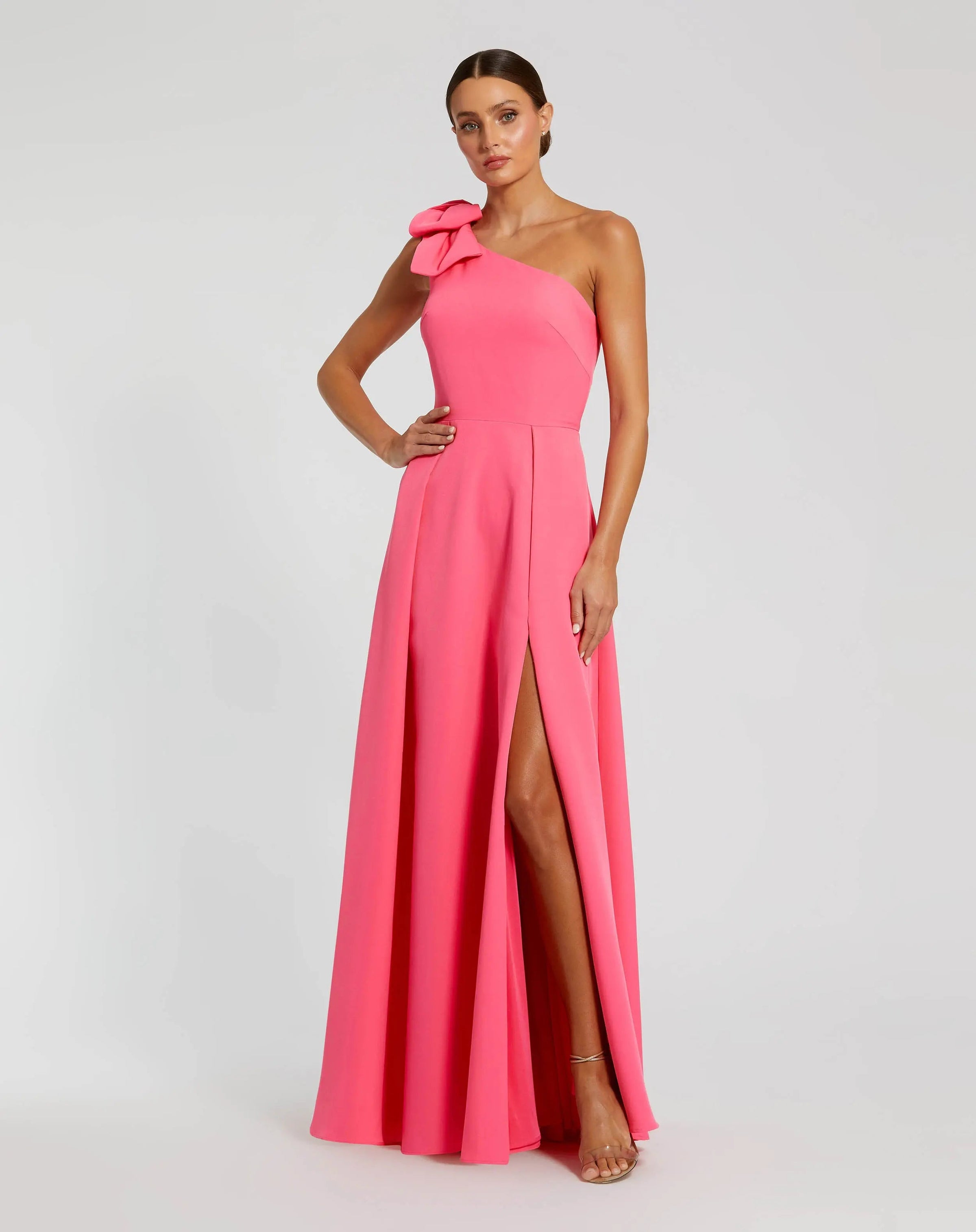 Mac Duggal 26989 Candy Pink bow one shoulder sleeveless A line gown - front