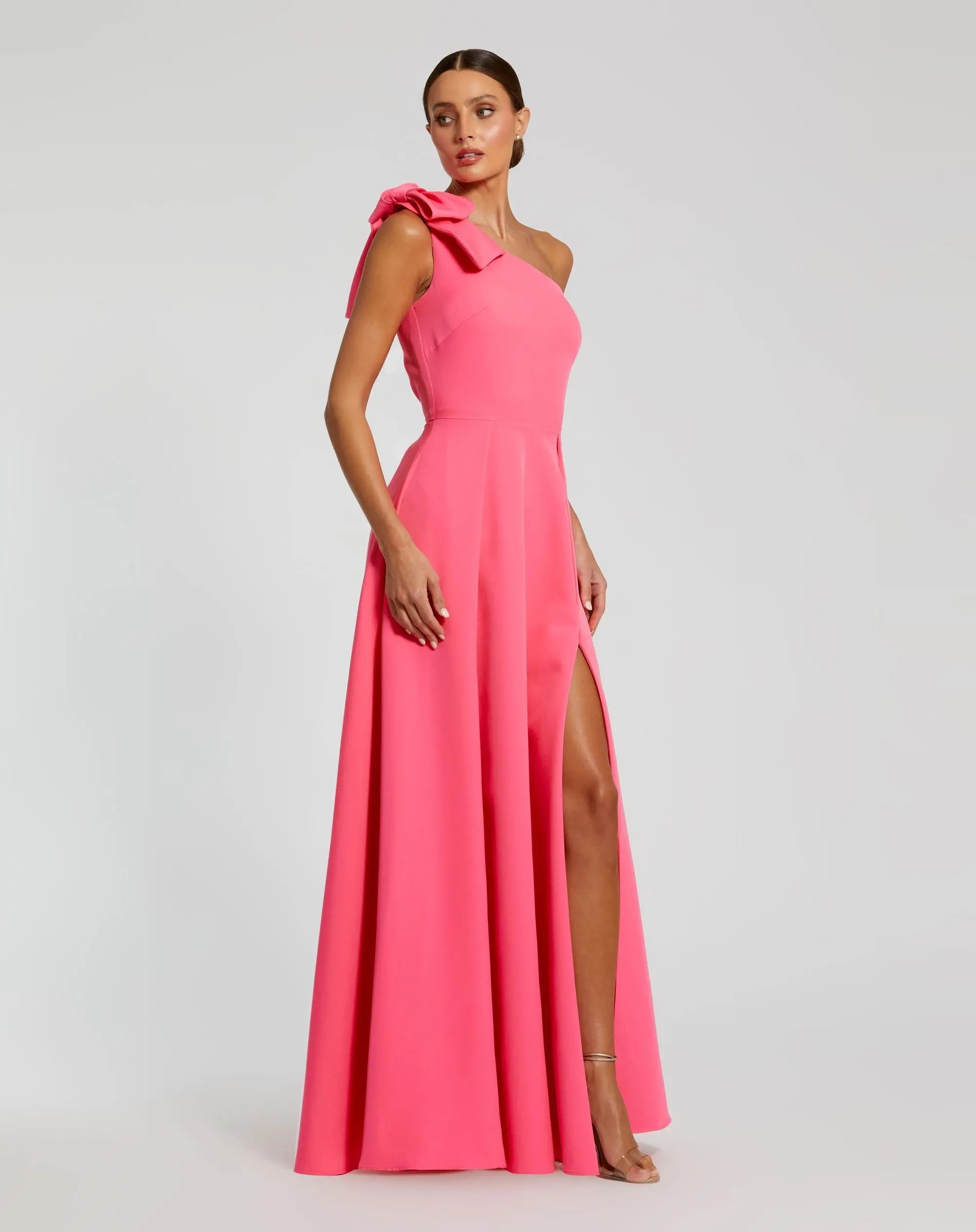 Mac Duggal 26989 Candy Pink bow one shoulder sleeveless A line gown - side