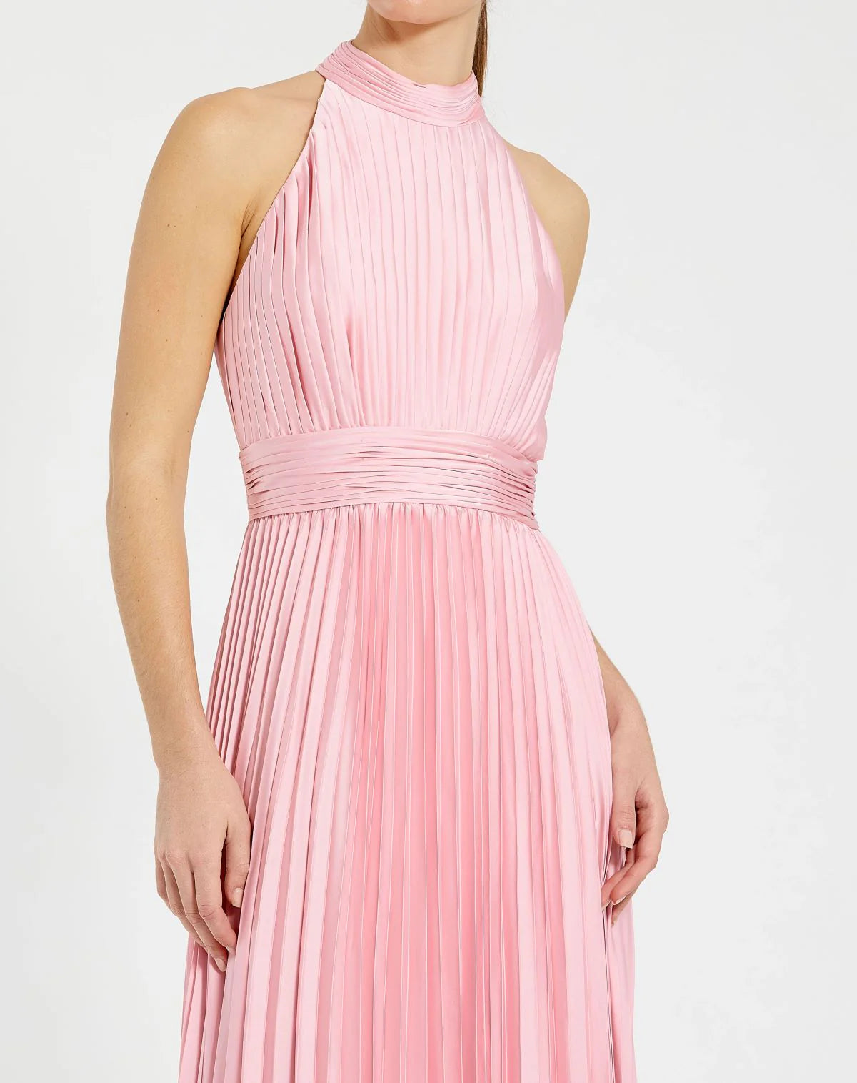 Pleated High Neck Satin Halter Gown - Blush