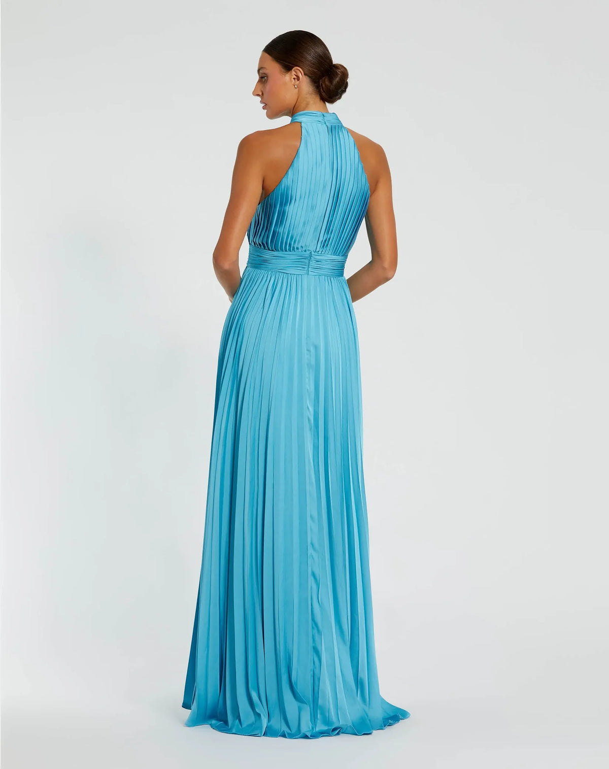 Pool blue pleated satin halter gown, style 26992, A-line silhouette, high-fashion formal evening dress.