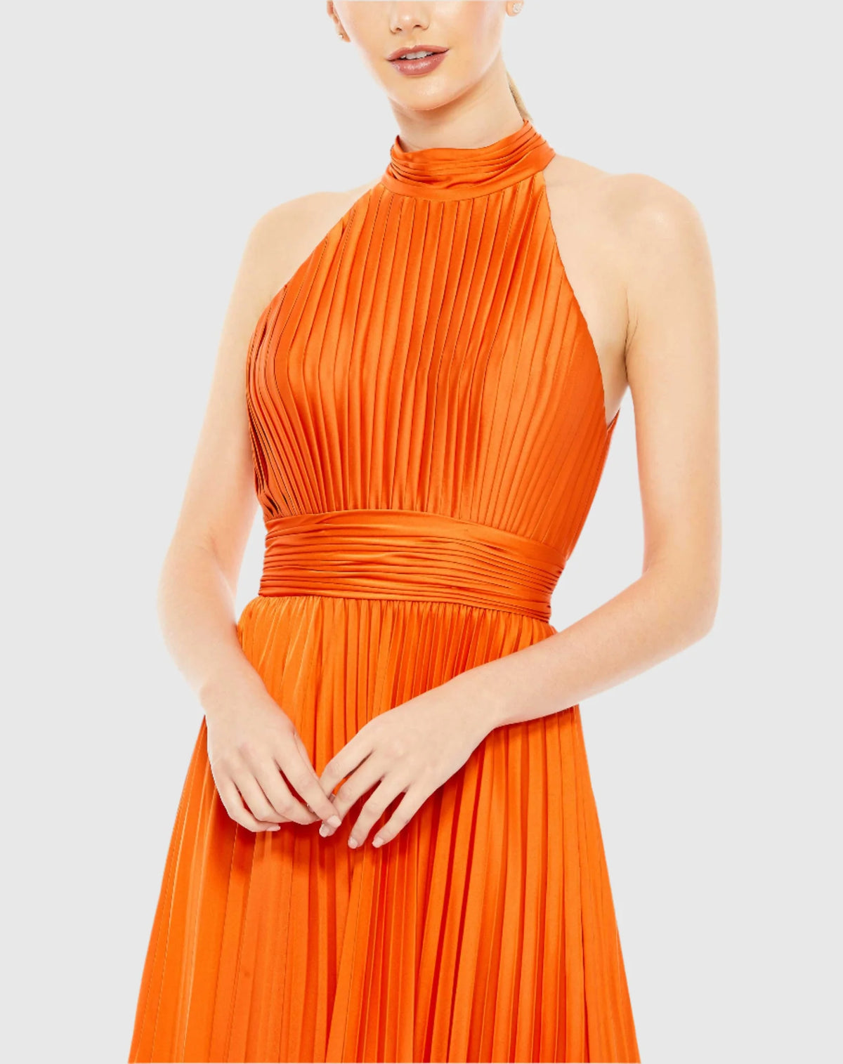 Pleated High Neck Satin Halter Gown - Sunet