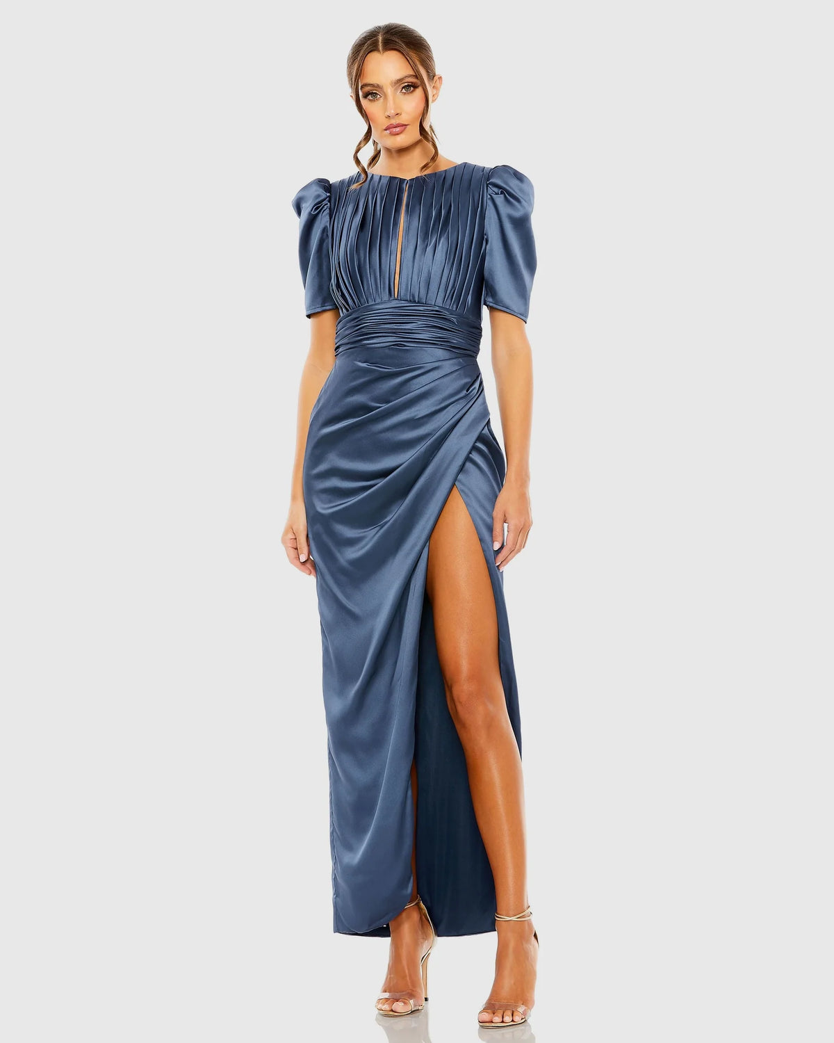Mac Duggal Blue Puff Sleeve Pleated Bodice Draped Gown - Midnight #27014