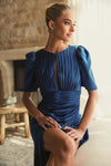 Puff Sleeve Pleated Bodice Draped Gown - Midnight