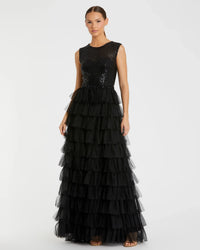 Mac Duggal 27055 Black ruffle tiered sequin high neck gown - front