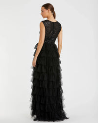 Mac Duggal 27055 Black ruffle tiered sequin high neck gown - back