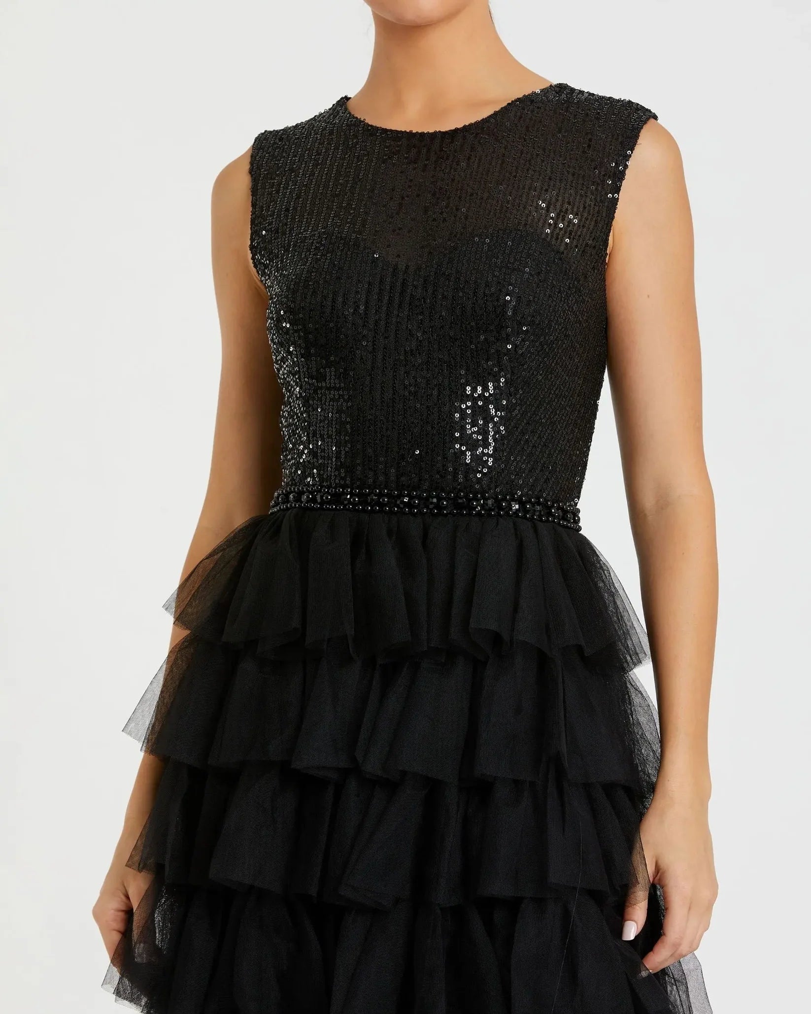 Mac Duggal 27055 Black ruffle tiered sequin high neck gown - detail