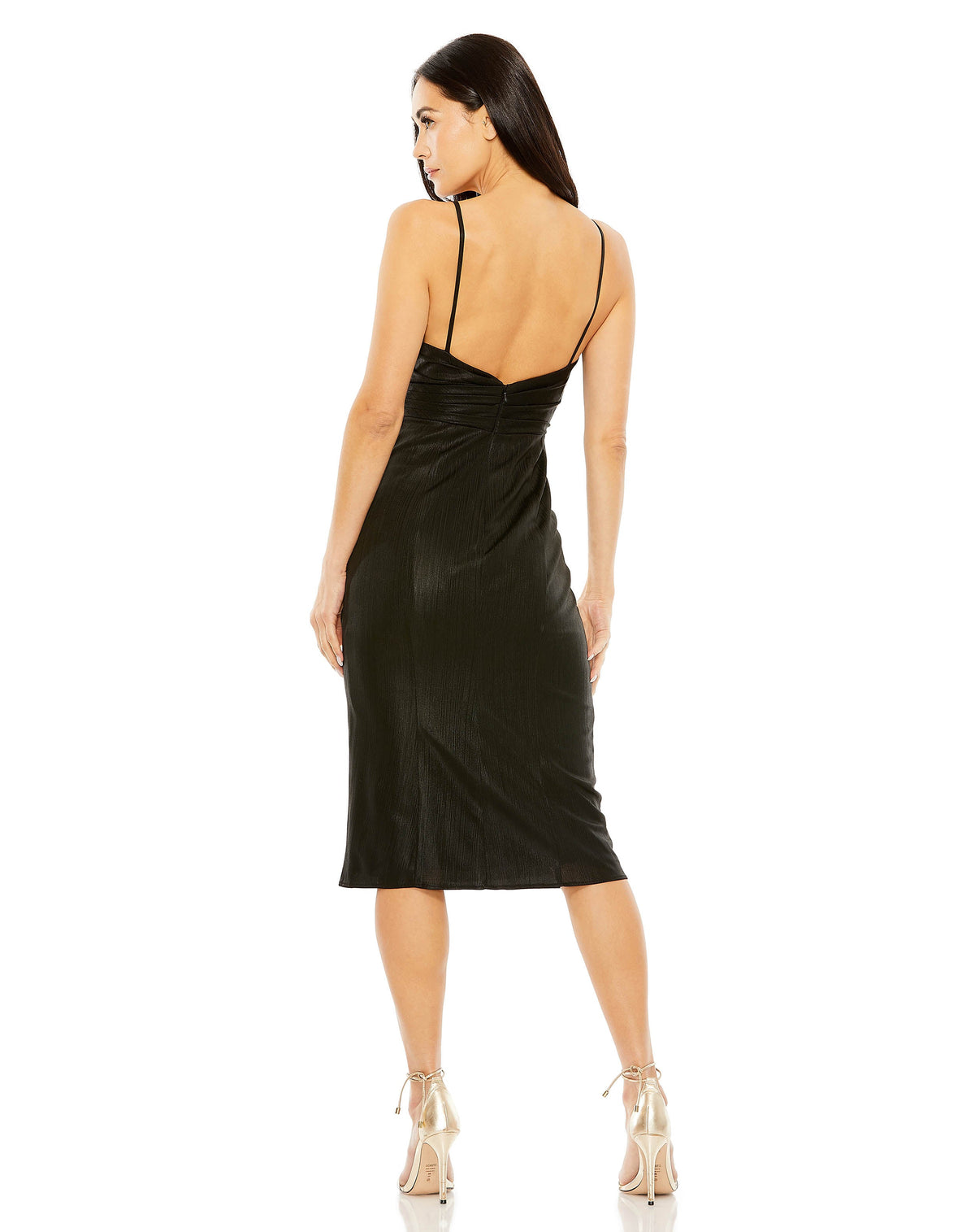 Metallic V Neck Midi Dress - Antique Gold