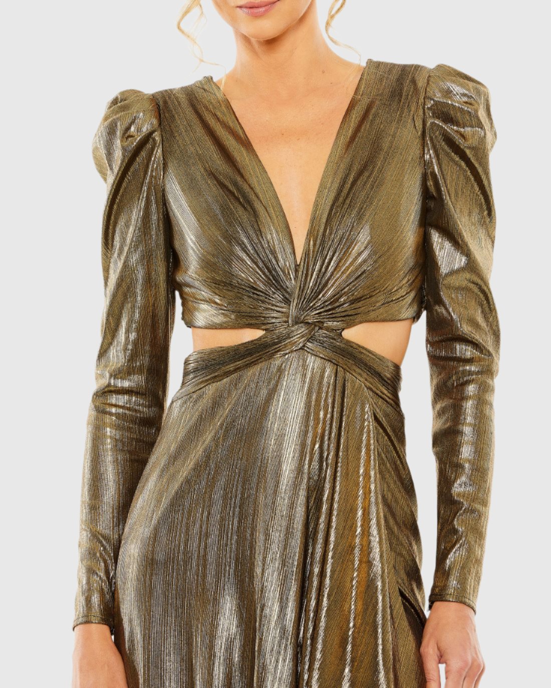 Princess Sleeve Cut Out Metallic Gown - Antique Gold
