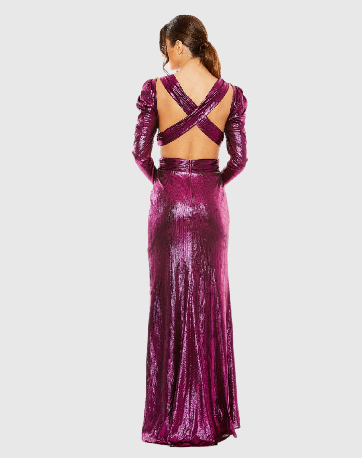 Princess Sleeve Cut Out Metallic Gown - Fuchsia