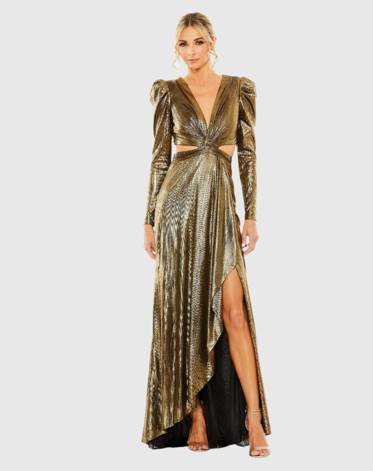 Mac Duggal #27060 Princess Sleeve Cut Out Metallic Gown - Gold 