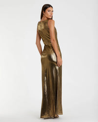 Gold Metallic Ruched Front Slip V-Neck Gown - Back