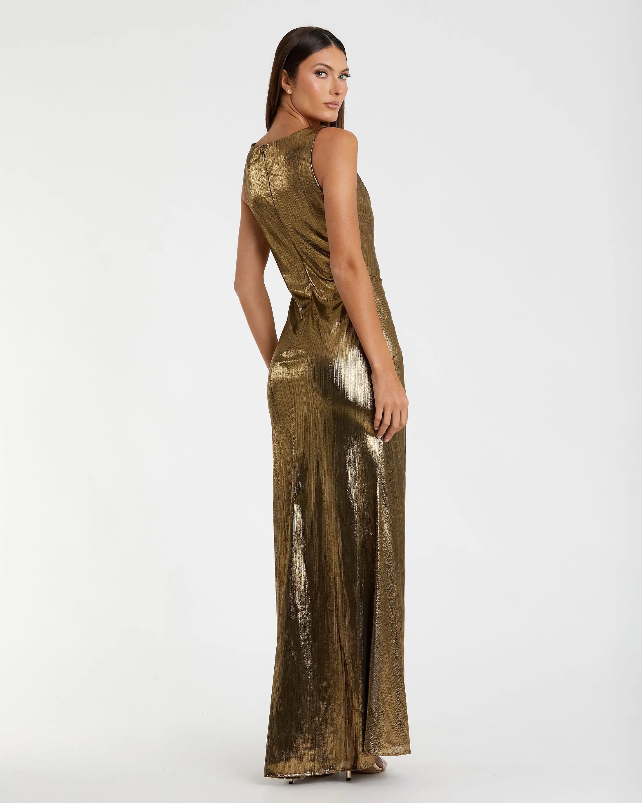 Gold Metallic Ruched Front Slip V-Neck Gown - Back