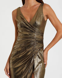 Gold Metallic Ruched Front Slip V-Neck Gown - Close Up