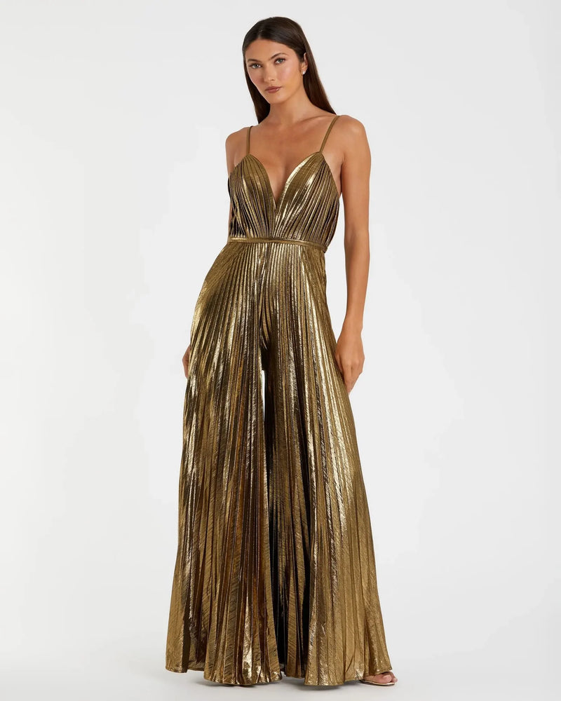 Mac Duggal Gold Metallic Pleated V-Neck Jumpsuit #27143 Antique Gold