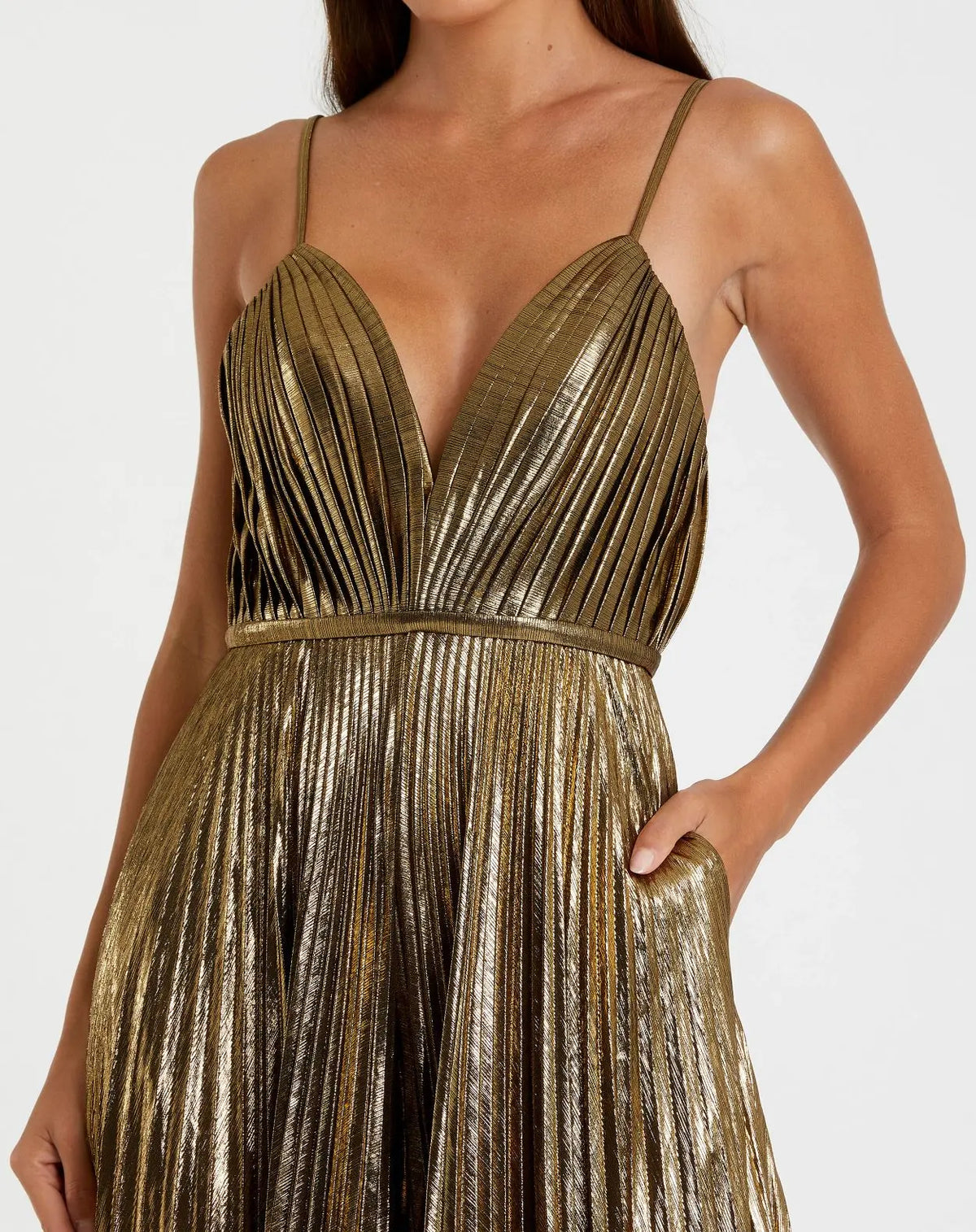 Mac Duggal Gold Metallic Pleated V-Neck Jumpsuit #27143 Antique Gold