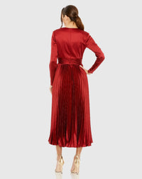 Pleated Long Sleeve V-Neck Dress - Plum
