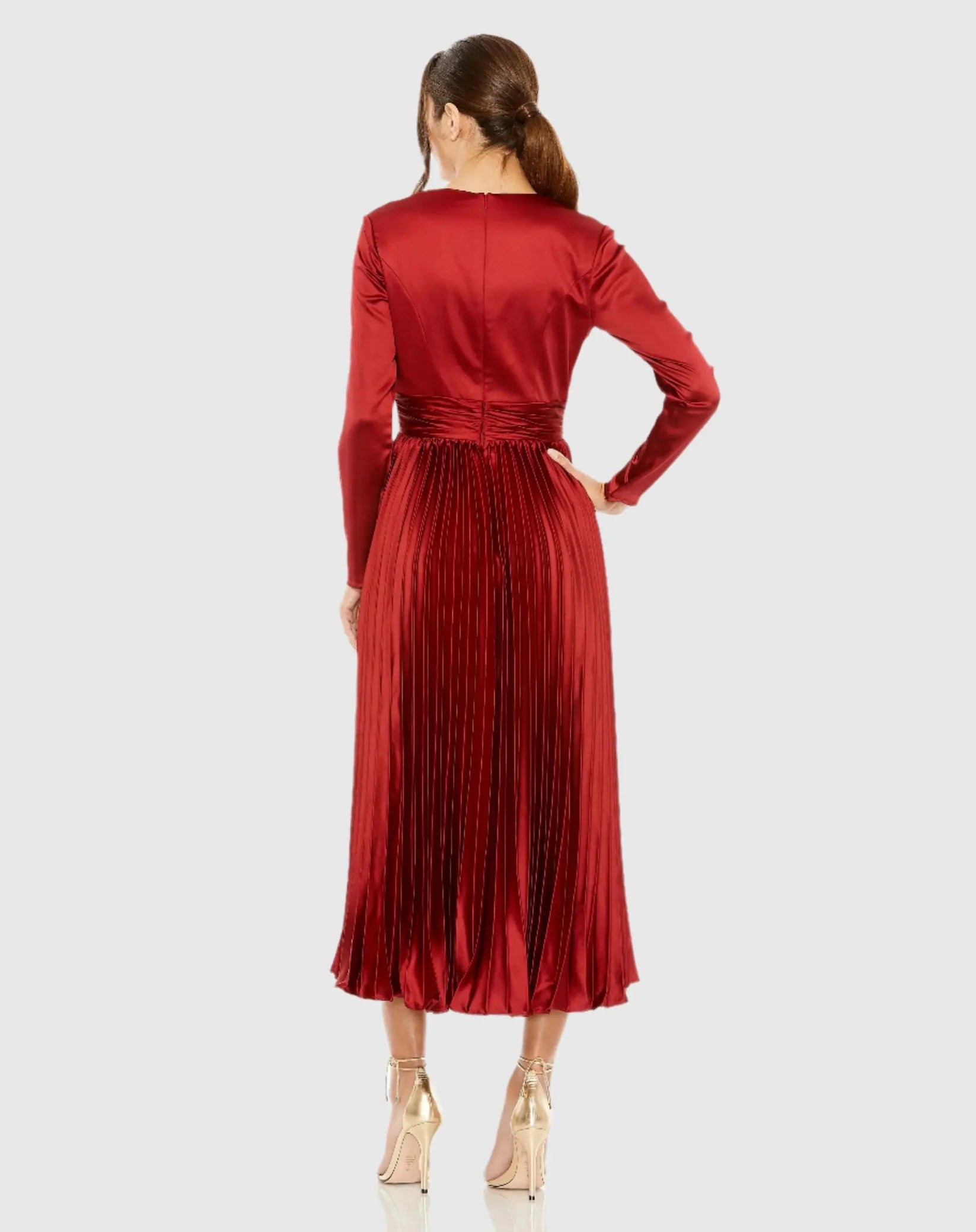 Pleated Long Sleeve V-Neck Dress - Plum