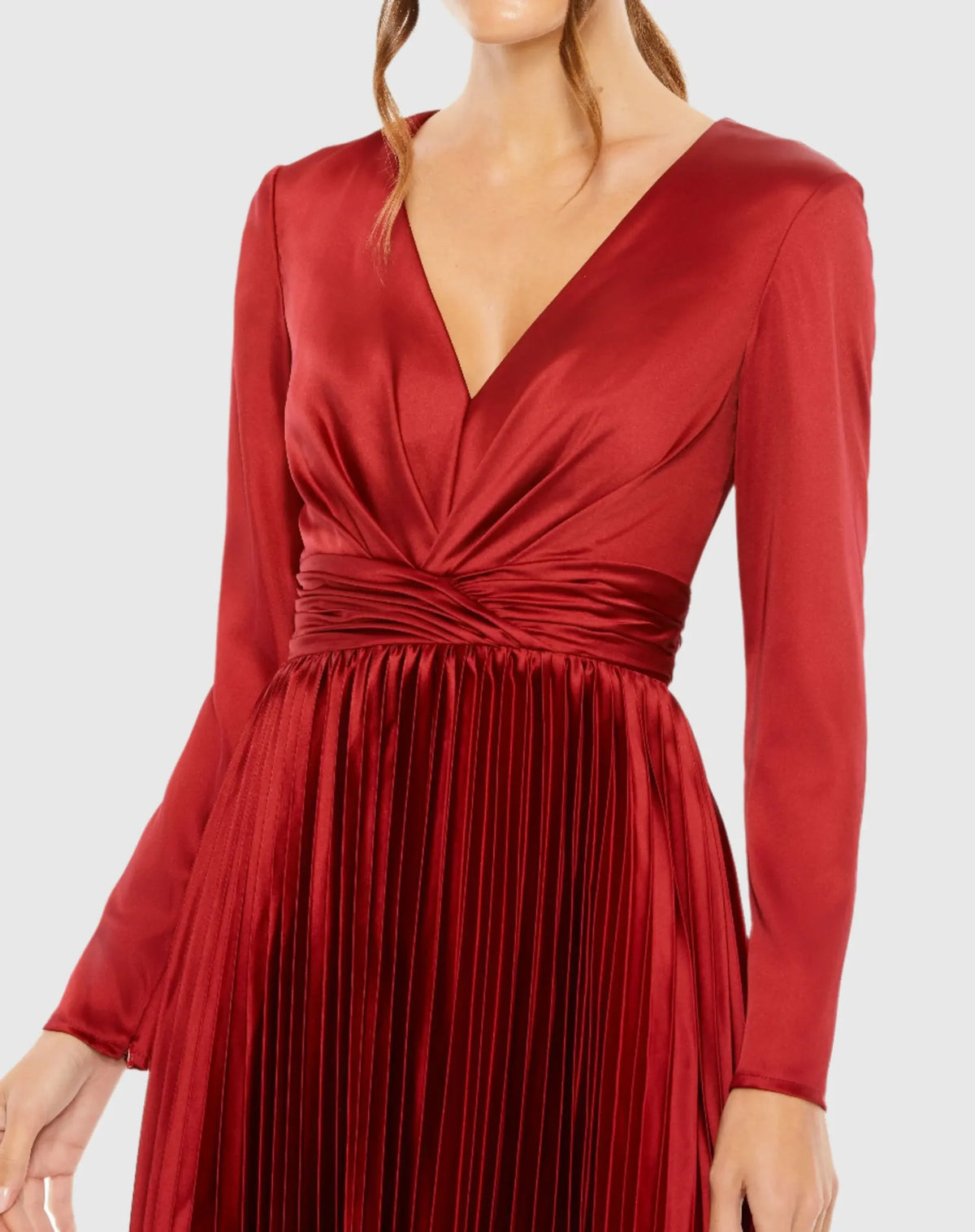 Pleated Long Sleeve V-Neck Dress - Plum