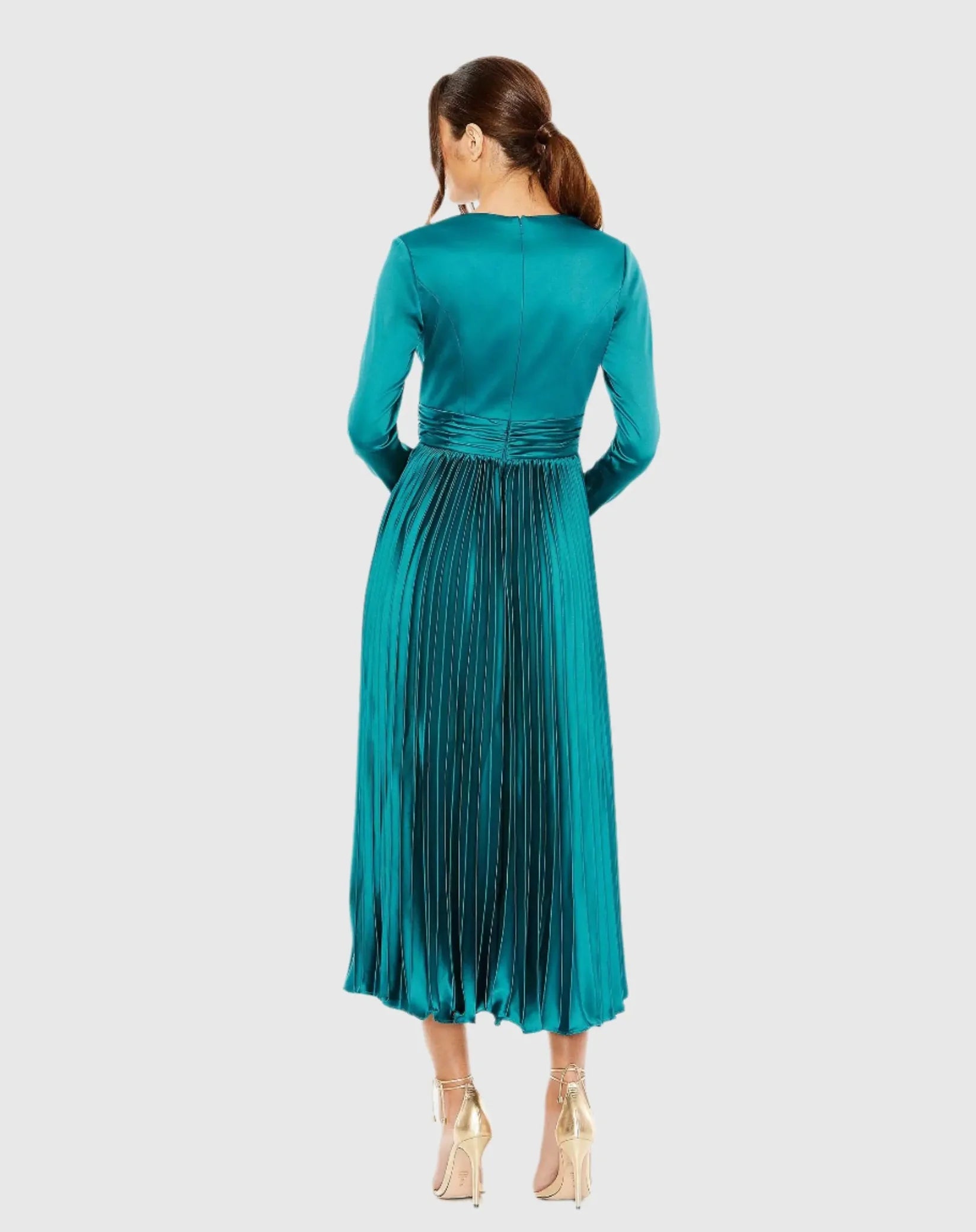 Mac Duggal Pleated Long Sleeve V-Neck Dress #27148 Teal