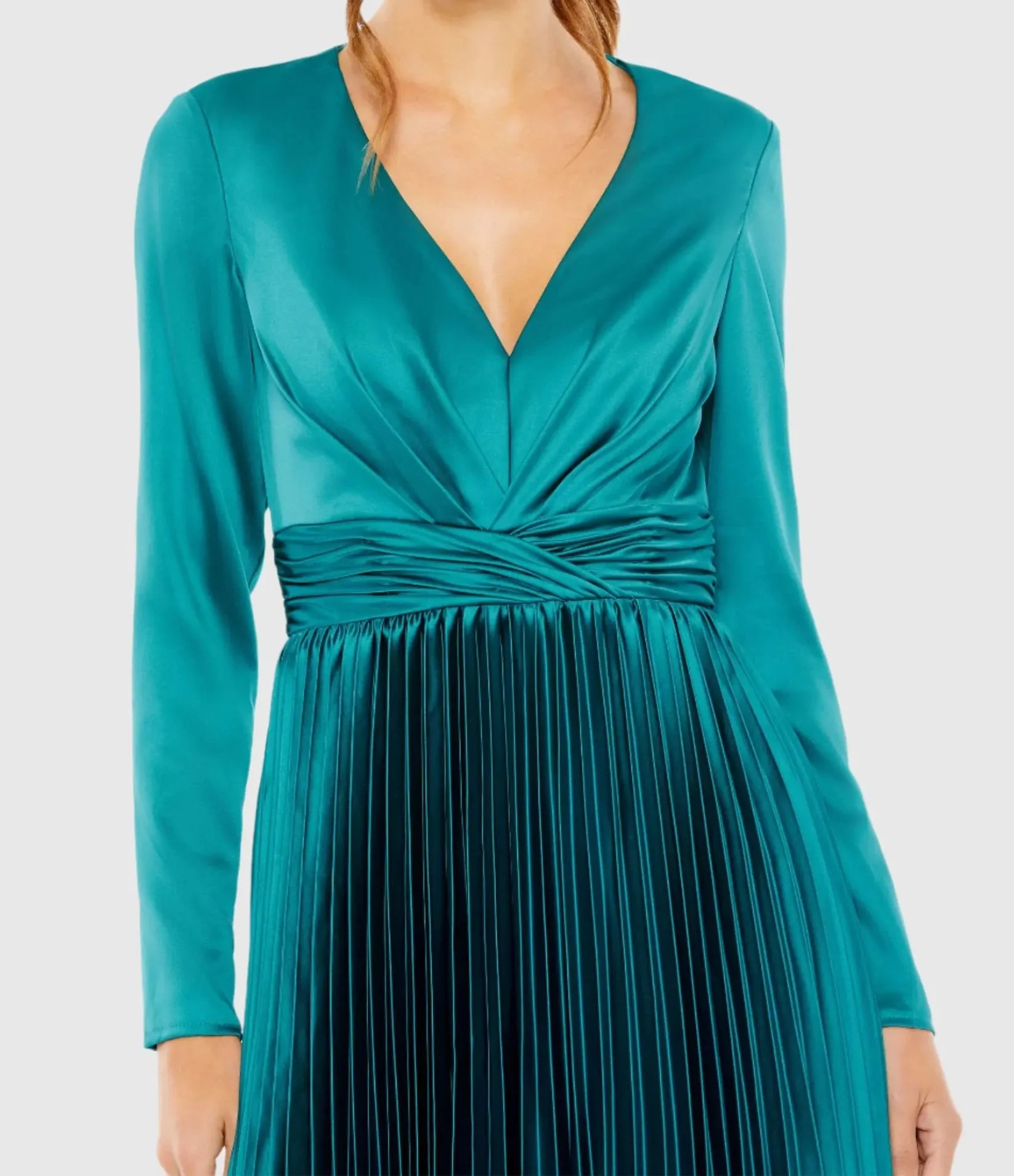 Mac Duggal Pleated Long Sleeve V-Neck Dress #27148 Teal