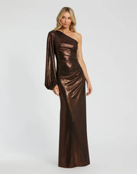 Mac Duggal 27158 chocolate one shoulder long sleeve metallic gown — front
