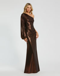 Mac Duggal 27158 chocolate one shoulder metallic gown — side