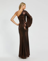 Mac Duggal 27158 chocolate one shoulder metallic gown — back