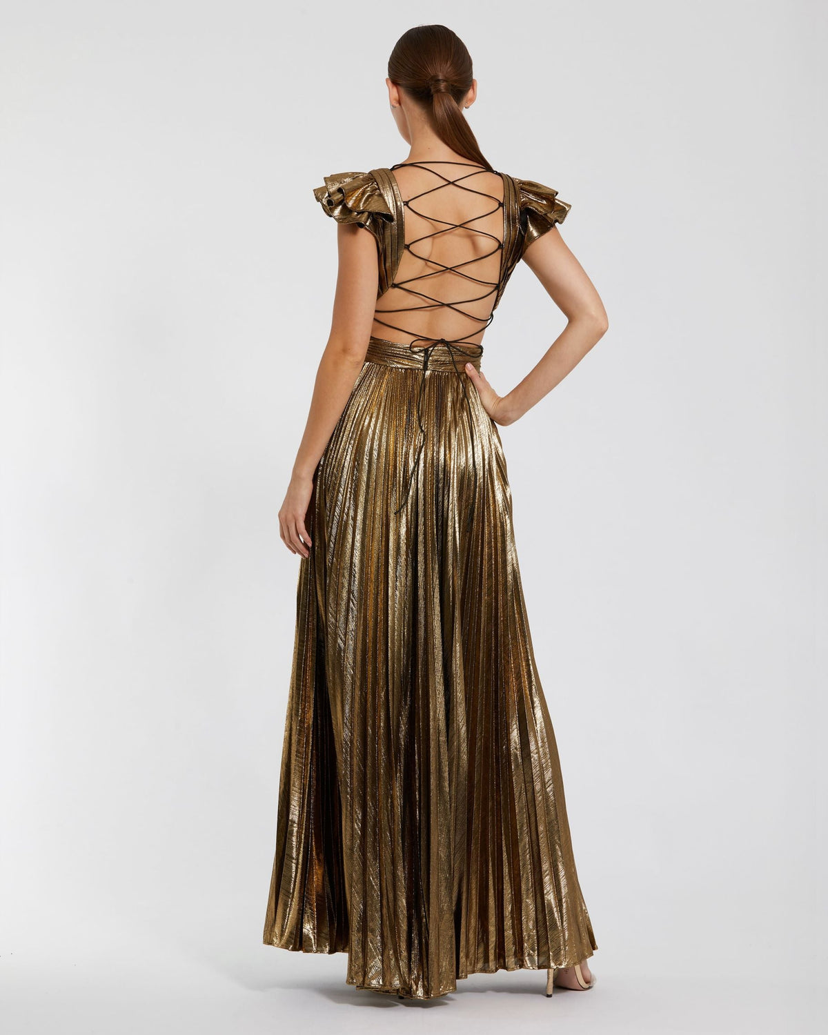 Ruffle Sleeve Cutout Pleated Metallic Gown - Blue