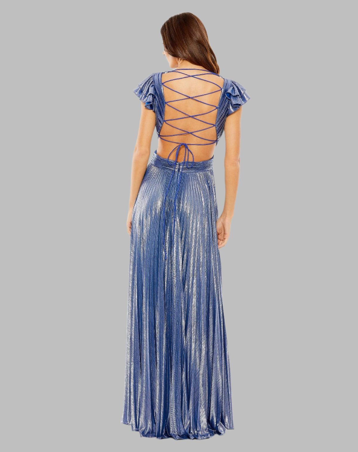 Ruffle Sleeve Cutout Pleated Metallic Gown - Blue